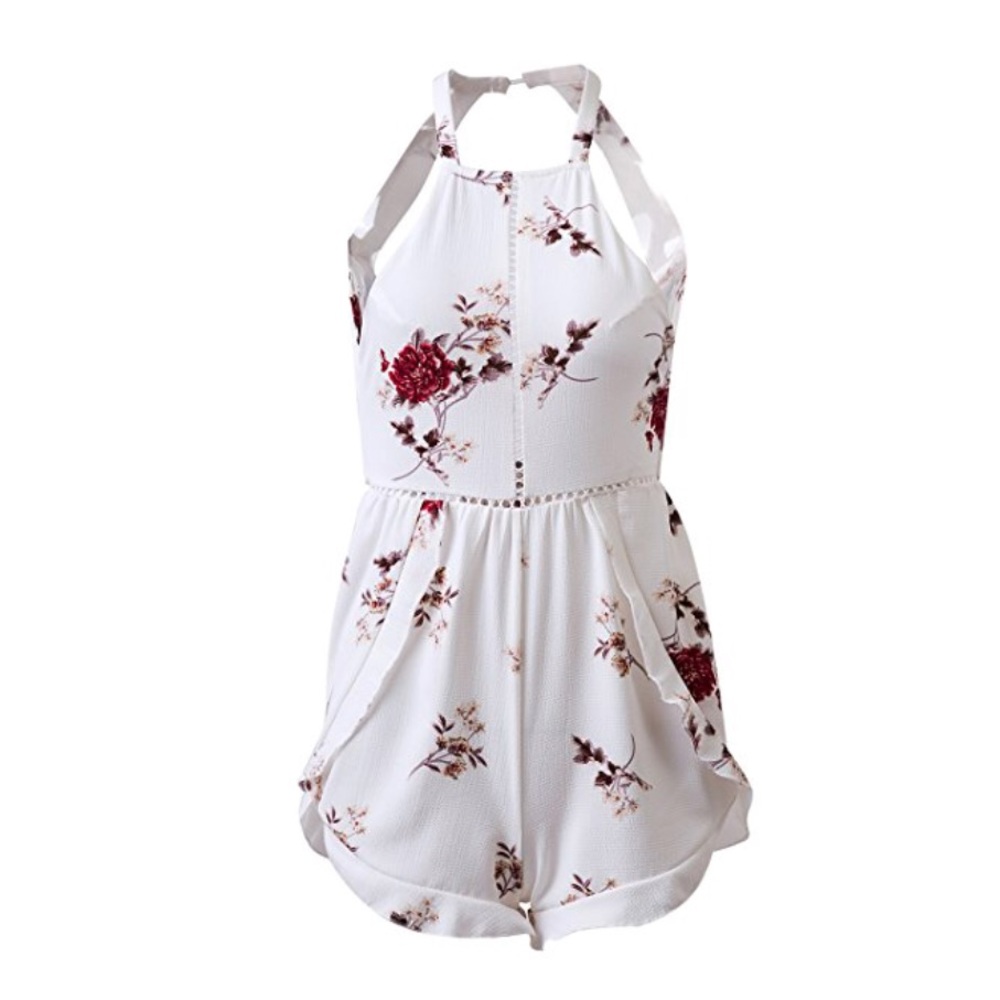 Navy Halter Open Low Back Floral Print Romper - Picture 6 of 8